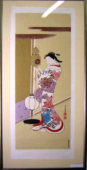 Графический лист (укиё-э) "Красавица с часами" (репродукция).